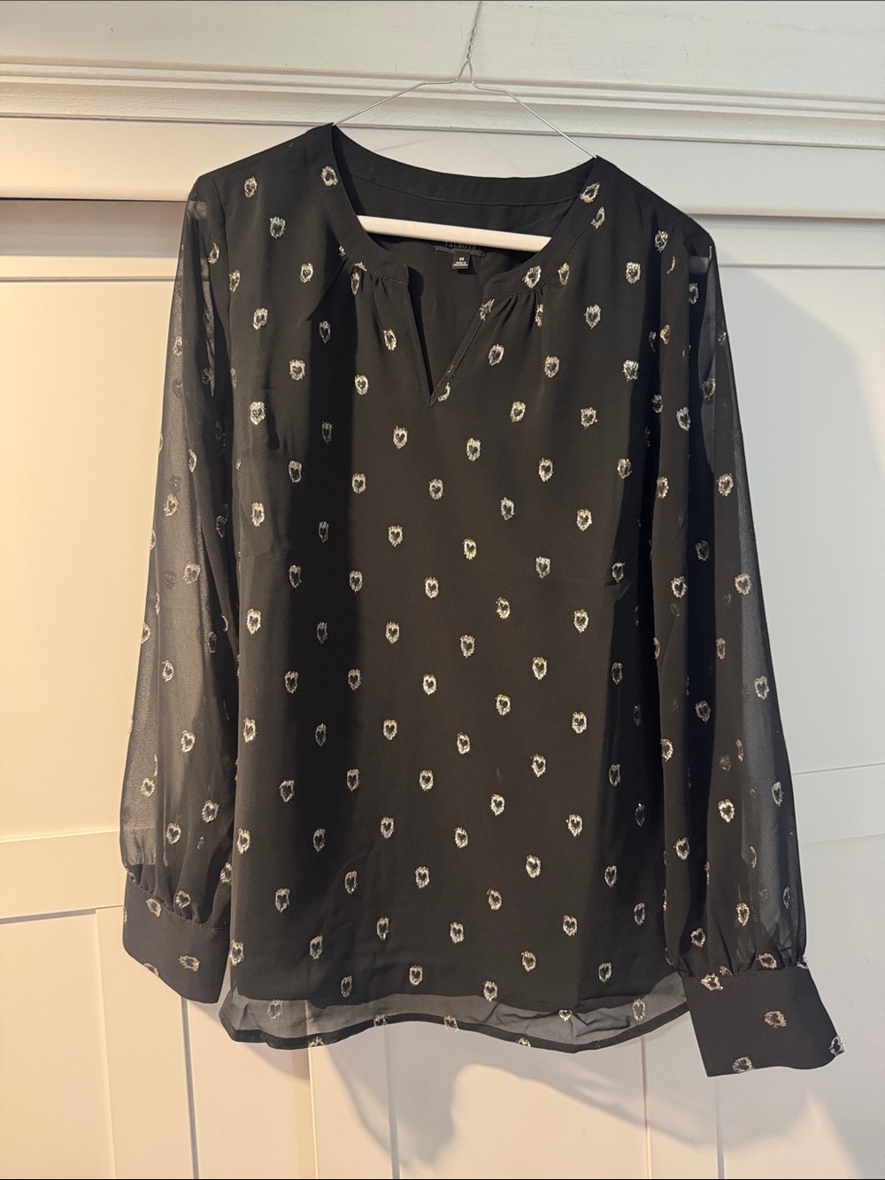 Talbots Sheer Black heart printed Long-Sleeve Blouse